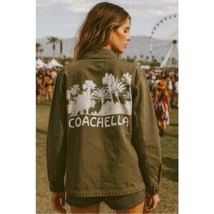 Coachella Army Green Heavy Weight Button Up Graphic Palm Trees Jacket size Small